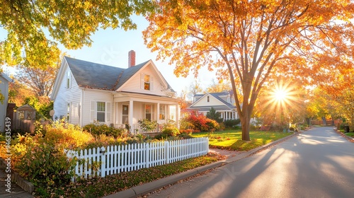 Charming autumn scene featuring a house surrounded by vibrant fall colors, sunlight peeking through trees and a cozy, inviting atmosphere. suburban development concept.