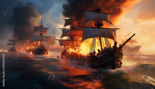 Ships on Fire in Medieval Battleships, Pirate ships destroyed in cannon battle, Generative AI