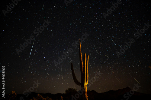 Saguaro cactus desert meteor shower shooting stars night astrophotography light painting photo