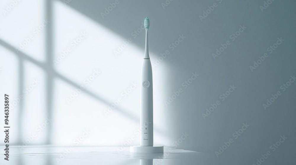 White Electric Toothbrush on a White Platform with Light Reflections White Electric Toothbrush on a White Platform with Light Reflections