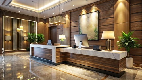 Luxurious hotel reception desk with sleek computer and credit card terminal, elegant lobby furniture, and warm lighting, conveying efficient and secure payment processing. photo