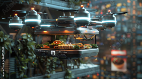 Innovative drone delivering food products, 3D visuals highlight advanced technology and realistic food packaging, with enough space for promotional messages.

