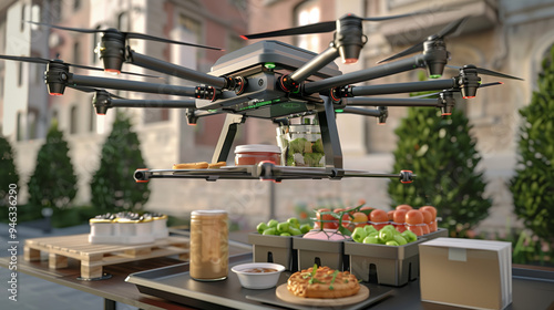 Innovative drone delivering food products, 3D visuals highlight advanced technology and realistic food packaging, with enough space for promotional messages.
