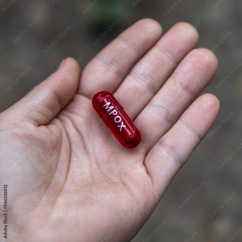 Human Hand Holding Red Capsule with MPOX Text for Health Awareness Campaign Human Hand Holding Red Capsule with MPOX Text for Health Awareness Campaign