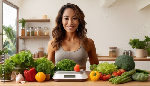 Woman Standing on Digital Scale Amidst an Abundance of Fresh Vegetables in a Kitchen Setting