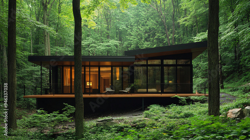 A black modern house in the middle of a rainforest with a beautiful design with square shapes and glass. Ai generate.