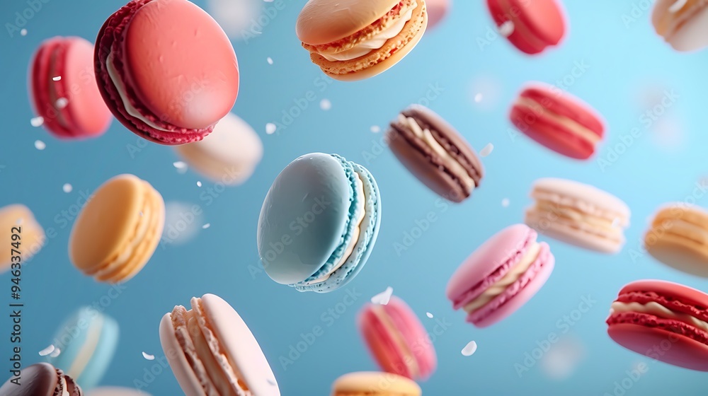 Various Colorful of Macarons Floating on the Air on blue background Various Colorful of Macarons Floating on the Air on blue background