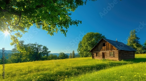 An idyllic scene of a wooden cottage on a green, sunlit meadow, with a perfect clear blue sky creating a tranquil summer atmosphere.