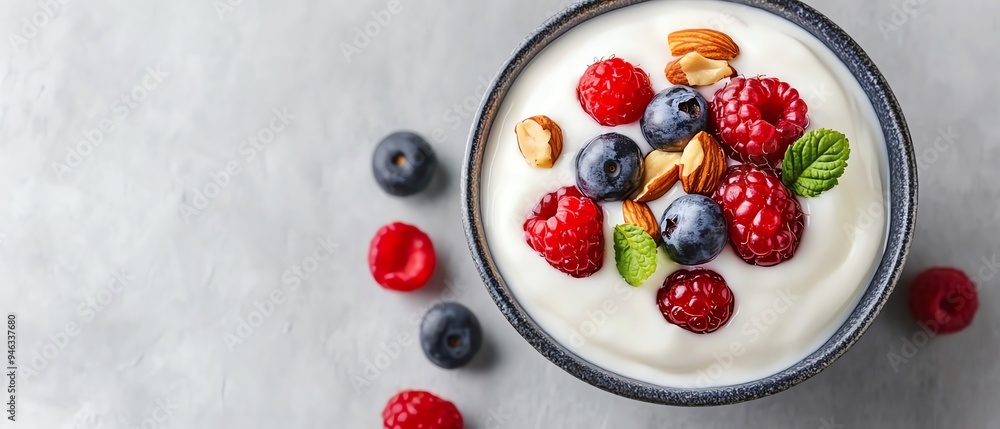 A closeup of a bowl of yogurt topped with fresh berries, nuts, and a drizzle of honey, highlighting its probiotic content Probiotic-rich diet concept. A closeup of a bowl of yogurt topped with fresh berries, nuts, and a drizzle of honey, highlighting its probiotic content Probiotic-rich diet concept.