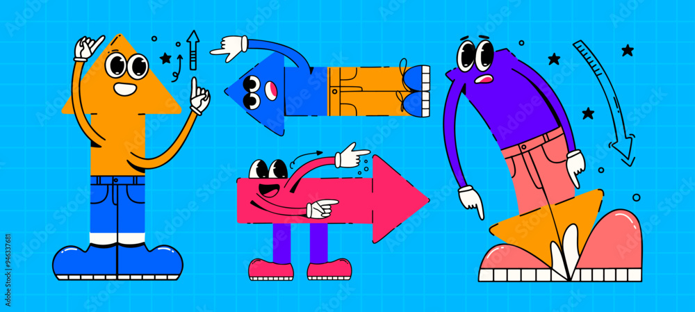Obraz premium Funny arrow characters in trendy cartoon style. Vector illustration.