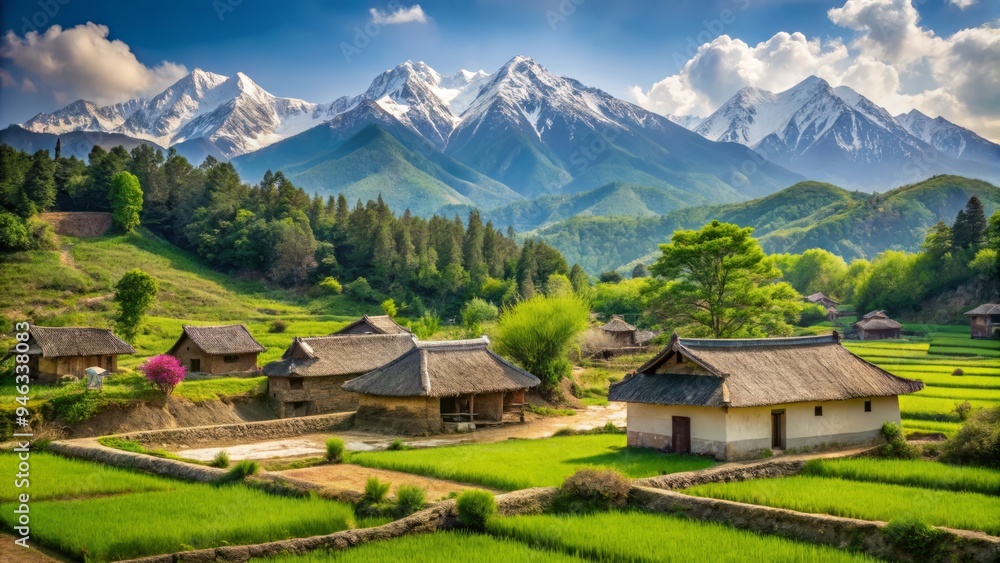Fototapeta premium Majestic snow-capped mountains surround a serene rural village in North Korea, with traditional thatched-roof homes and lush green fields creating a peaceful countryside scene.