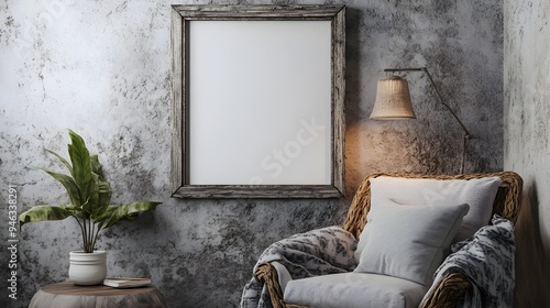 Mockup frame in a farmhouse style living room with reclaimed wood frame textured walls and a cozy reading nook  The space exudes a warm comfortable and inviting atmosphere with natural lighting