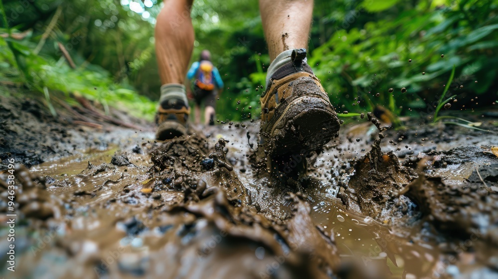 Hikers walking through mud on a forest trail Hikers walking through mud on a forest trail
