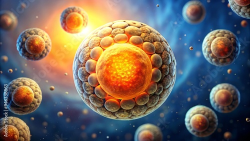 Microscopic image of a fertilized egg at the 8-cell stage of development, demonstrating cellular division and growth in a warm, golden light. photo