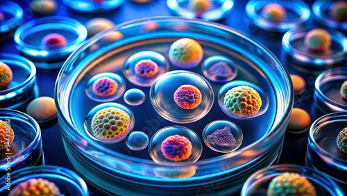Microscopic image of human stem cells in a petri dish, illuminated under a laboratory microscope, showcasing their unique cellular structure and potential for regeneration.