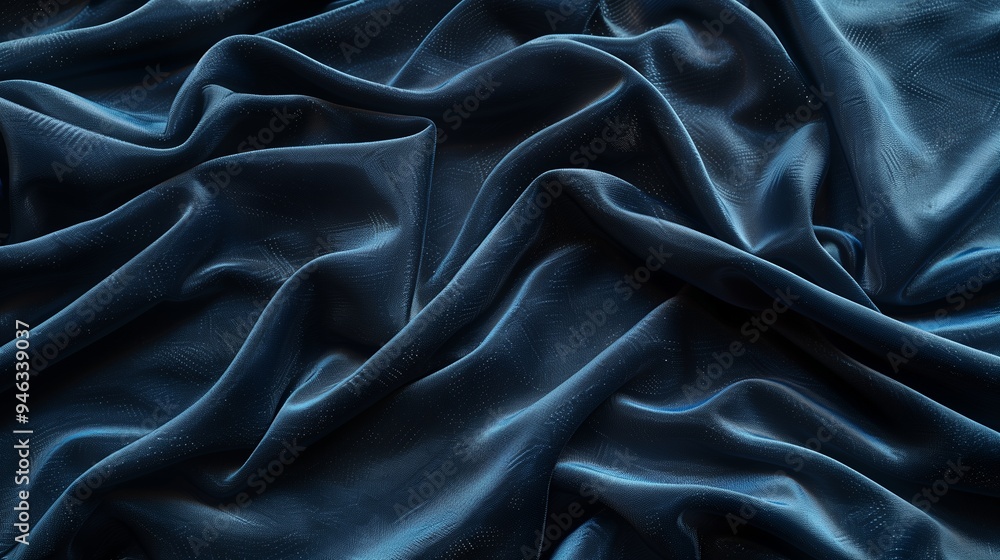 Fototapeta premium A close-up view of flowing dark blue satin fabric, showcasing its smooth texture and sheen.