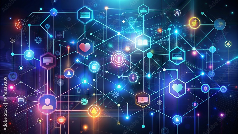 Minimalist digital background featuring sleek lines, geometric shapes, and colorful icons, representing modern technology, innovation, and connectivity in a futuristic atmosphere. Minimalist digital background featuring sleek lines, geometric shapes, and colorful icons, representing modern technology, innovation, and connectivity in a futuristic atmosphere.