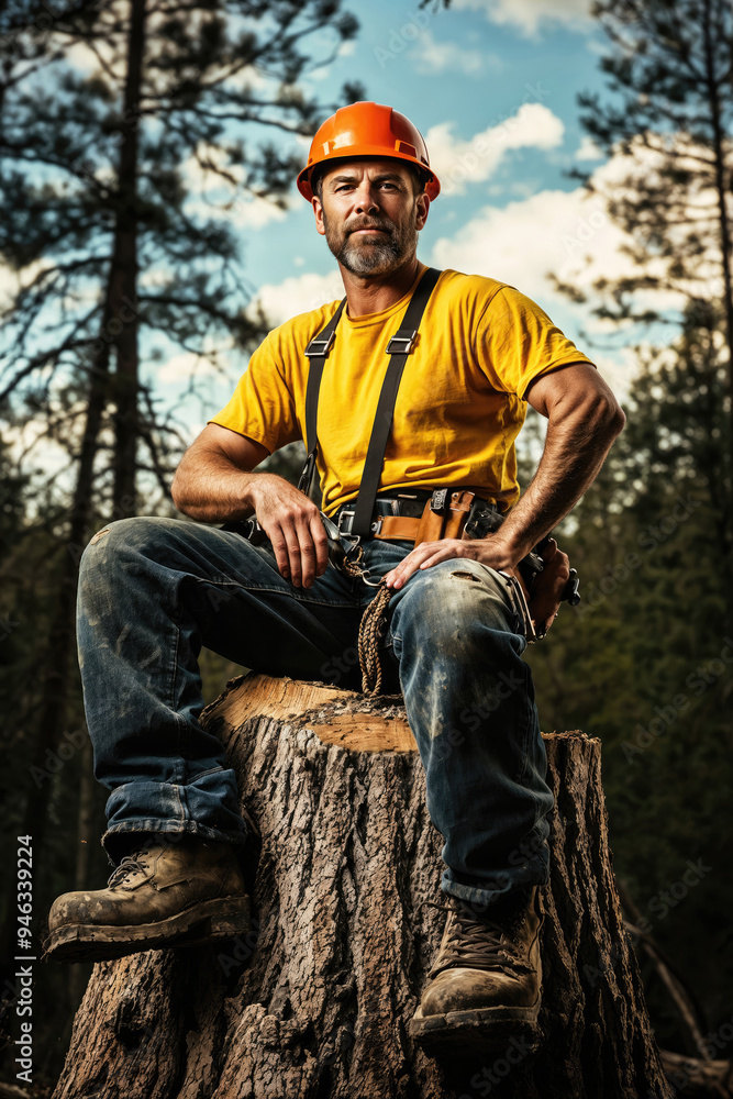 Lumberjack taking a break sitting on tree trunk in forest Lumberjack taking a break sitting on tree trunk in forest