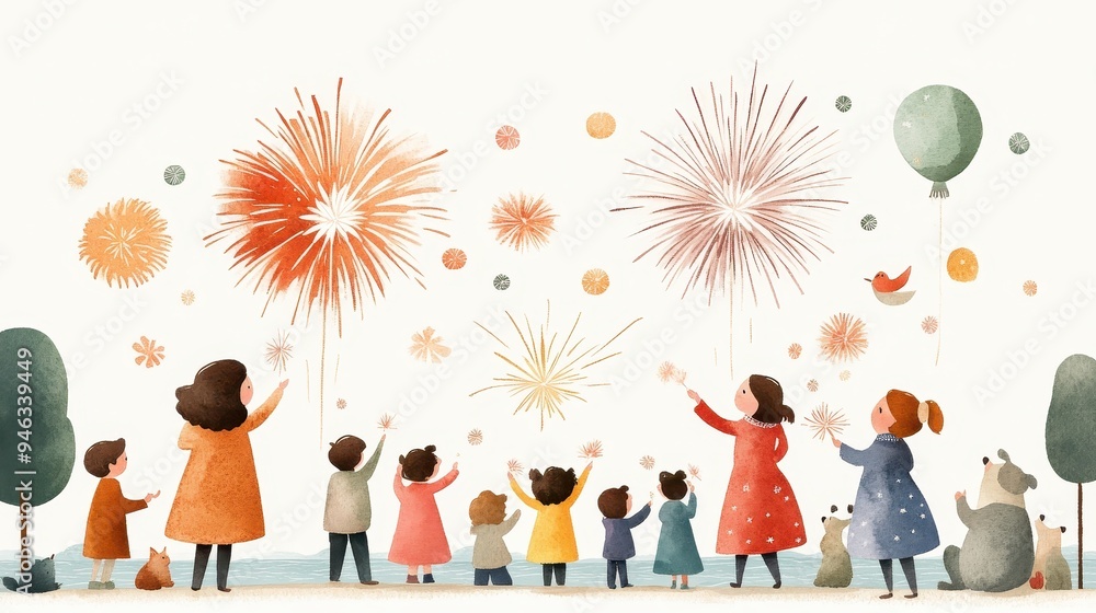 Fototapeta premium Vibrant Watercolor Illustration of Diverse Families Admiring Fireworks at Riverside Park During New Year Festivities