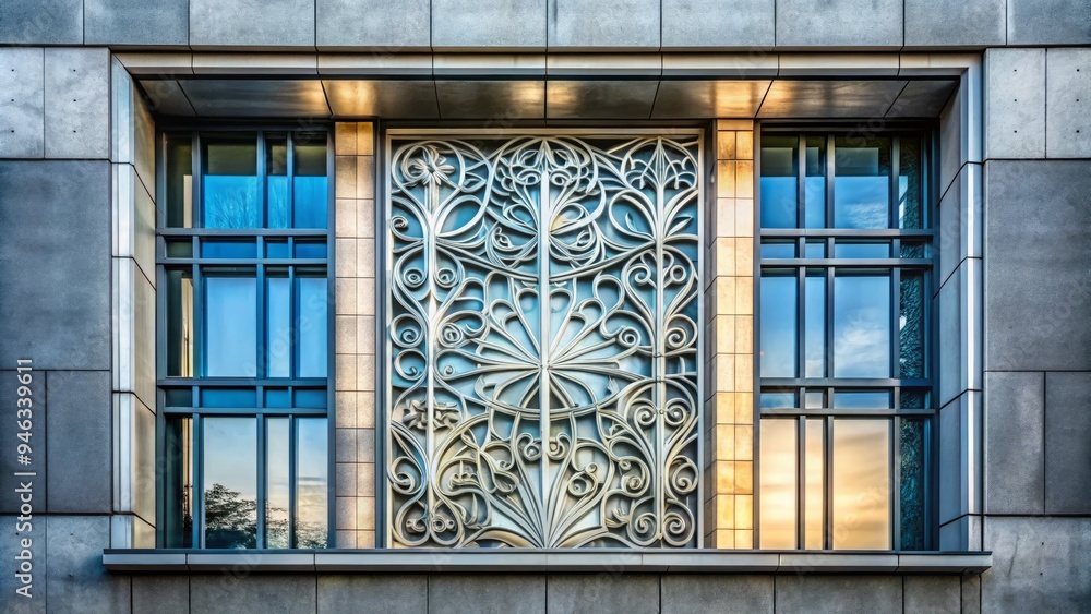 Obraz premium Modern architectural detail showcasing an ornate glass window with intricate etched design, framed by sleek metallic accents and surrounded by concrete walls.