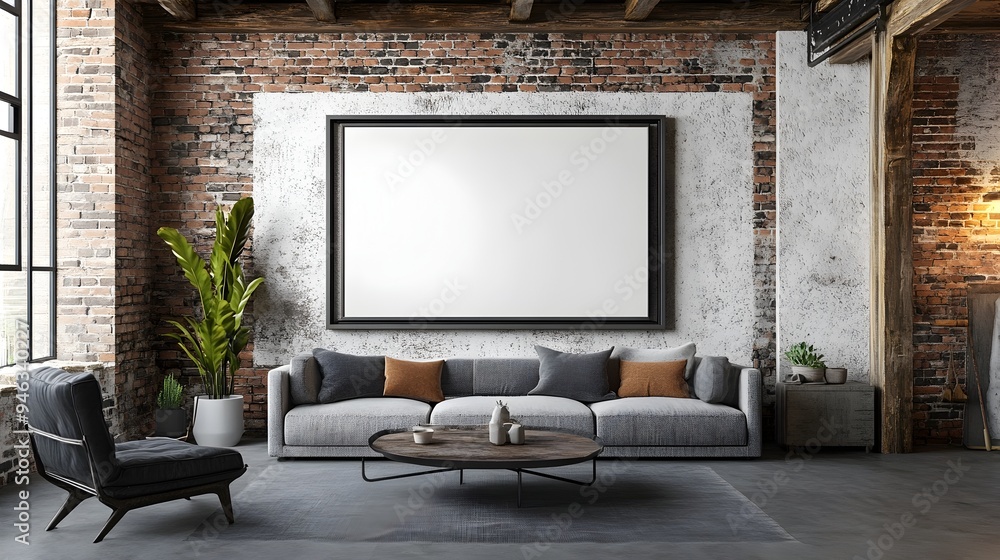 Fototapeta premium Mockup Frame in Contemporary Farmhouse Living Room with Industrial Metal Frame Exposed Beams Brick Walls and Utilitarian Accents