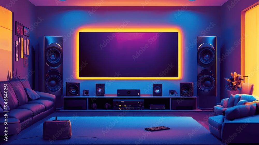 A Modern Home Theater Room with Colorful Lighting A Modern Home Theater Room with Colorful Lighting