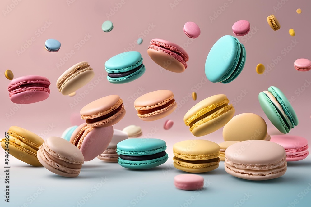 Various colorful of macarons floating on the air isolated on clean png background, Desserts sweet cake concept, with Generative Ai. Various colorful of macarons floating on the air isolated on clean png background, Desserts sweet cake concept, with Generative Ai.