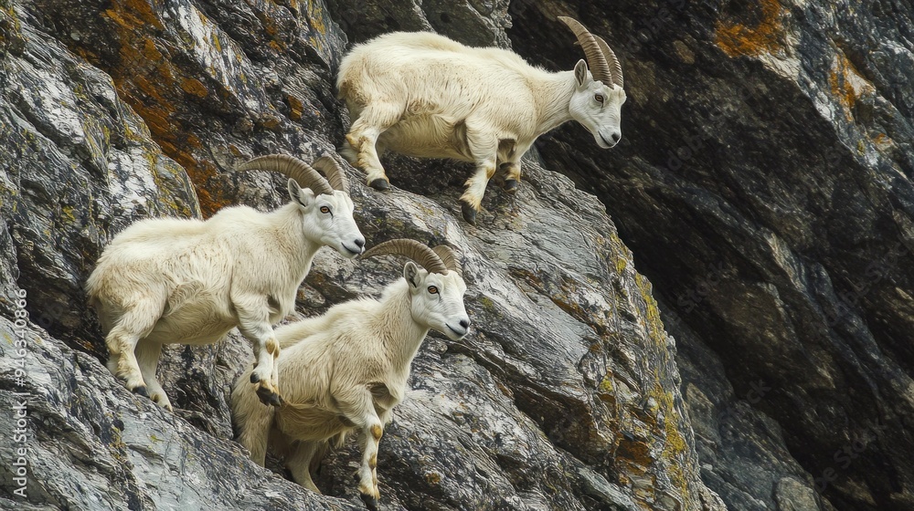Three Mountain Goats Scaling a Rocky Cliff Three Mountain Goats Scaling a Rocky Cliff