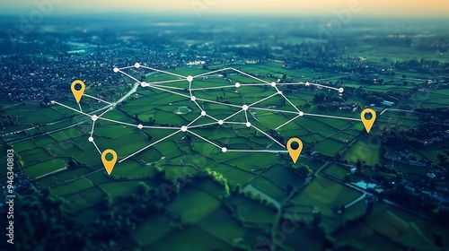 Aerial view of land with network markers representing land development planning and connectivity.