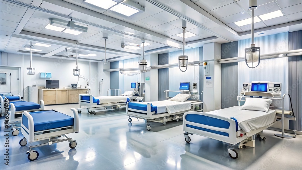 Fototapeta premium Modern hospital interior with stainless steel medical equipment, IV poles, and comfy beds, highlighting the latest technology and sterile surroundings for patient care.