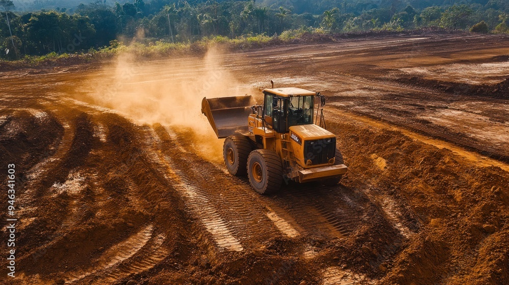Yellow Excavator Working on a Dirt Field Yellow Excavator Working on a Dirt Field