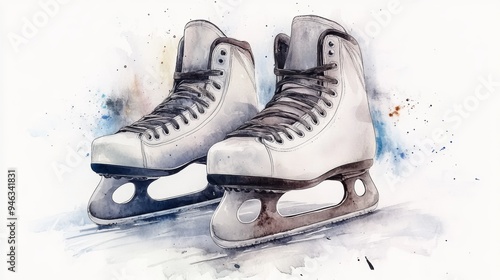 Stylish ice skates with artistic watercolor splash, perfect for winter sports and skating themed designs. photo