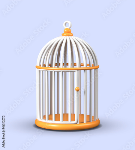 Empty birdcage with ring for hanging. Realistic detailed model. House for parrot