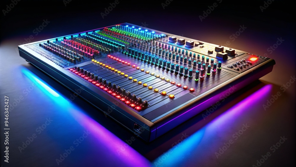 Modern professional audio mixing console with sleek design and colorful backlit buttons, sliders, and knobs illuminated against a dark background, emphasizing technical control and creativity. Modern professional audio mixing console with sleek design and colorful backlit buttons, sliders, and knobs illuminated against a dark background, emphasizing technical control and creativity.