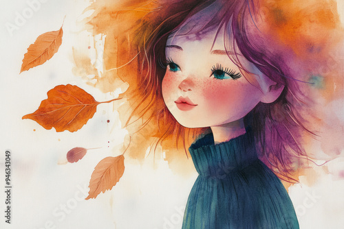 Aquarelle Portrait d'une fille rousse rêveuse avec des feuilles d'automne. Ambiance artistique et contemplative. photo