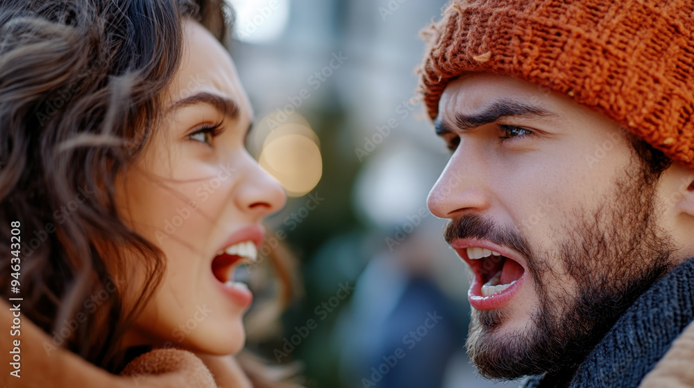 Intense emotional confrontation between a young couple, expressing feelings of anger and frustration during a heated discussion outdoors Intense emotional confrontation between a young couple, expressing feelings of anger and frustration during a heated discussion outdoors
