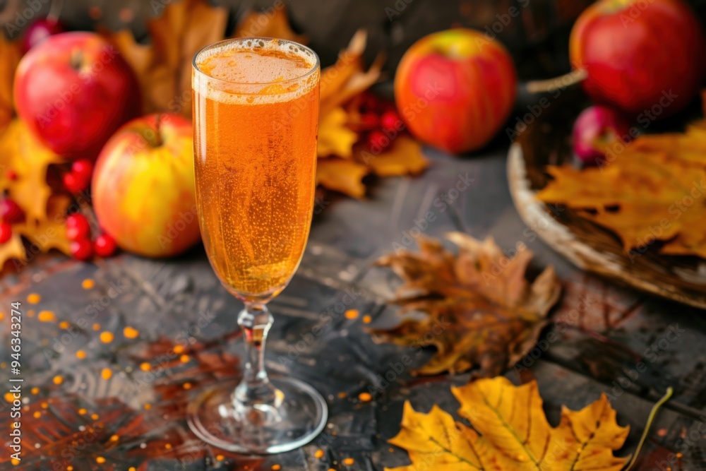 Apple cider Mimosa with apple cider and champagne, served in a flute glass, autumn leaves background, copy space for text Apple cider Mimosa with apple cider and champagne, served in a flute glass, autumn leaves background, copy space for text