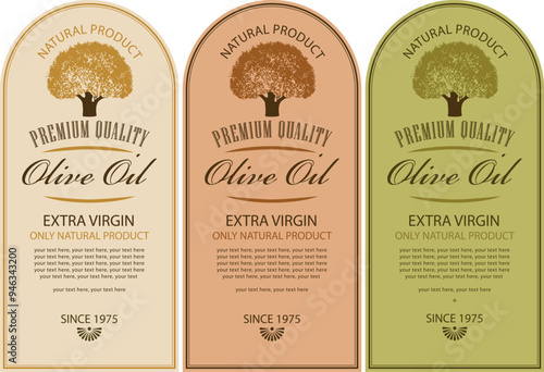 Set of vector labels for olives or olive oil with olive tree design in retro style. Suitable for designing logo, sticker, banner