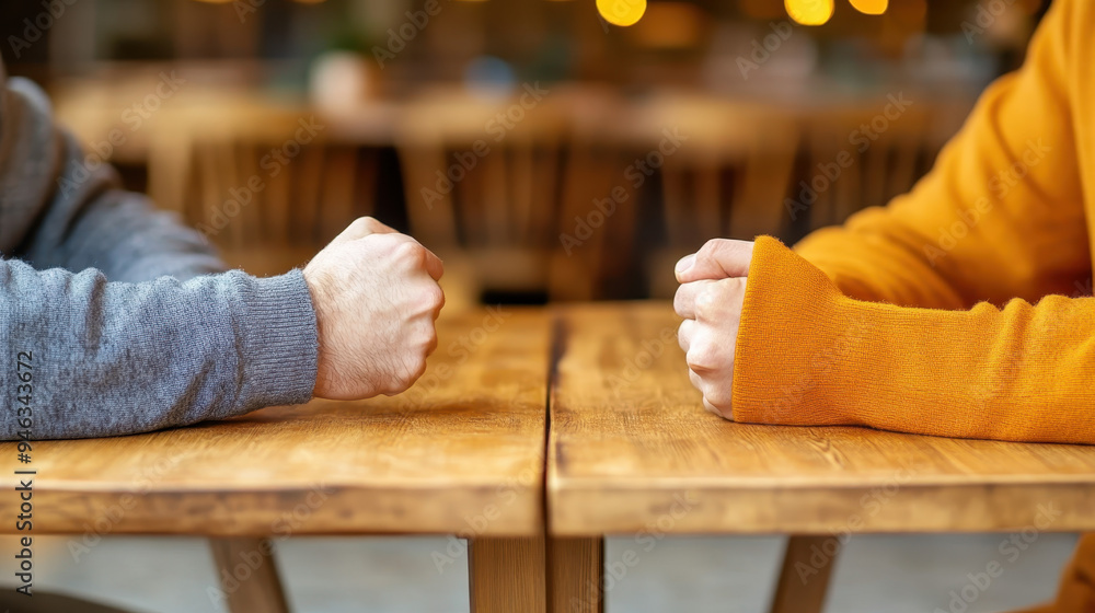 Intense arm wrestling challenge between two individuals at a wooden table in a cozy restaurant setting Intense arm wrestling challenge between two individuals at a wooden table in a cozy restaurant setting