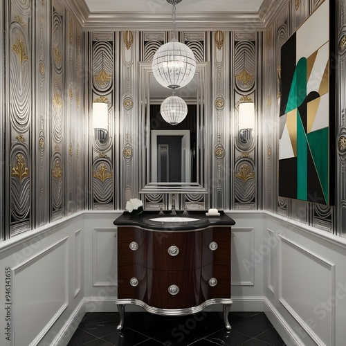 Art Deco inspired powder room with geometric patterned wallpaper scalloped vanity and glamorous globe pendant light accents.
 photo