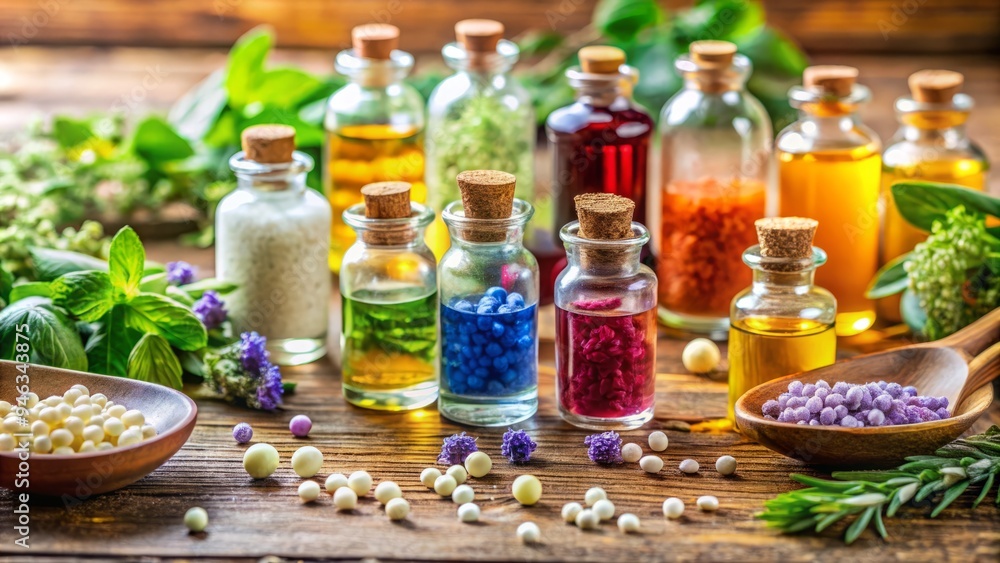 Natural remedies and tiny glass vials filled with colorful liquids are arranged artfully on a wooden table, symbolizing the holistic approach of homeopathic medicine. Natural remedies and tiny glass vials filled with colorful liquids are arranged artfully on a wooden table, symbolizing the holistic approach of homeopathic medicine.