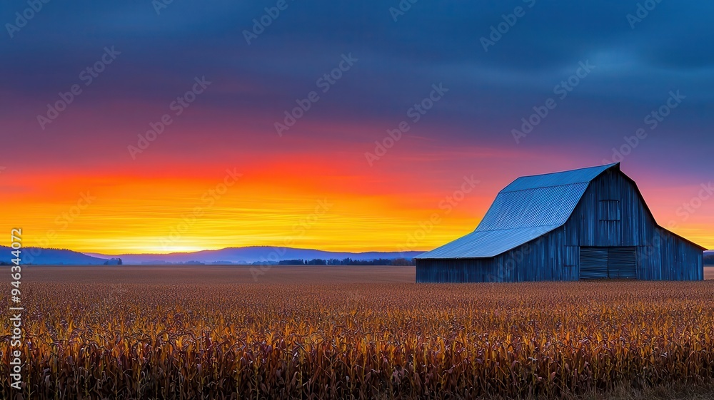 A vibrant sunset over a barn and fields of ripe crops, signaling the end of a harvest day A vibrant sunset over a barn and fields of ripe crops, signaling the end of a harvest day