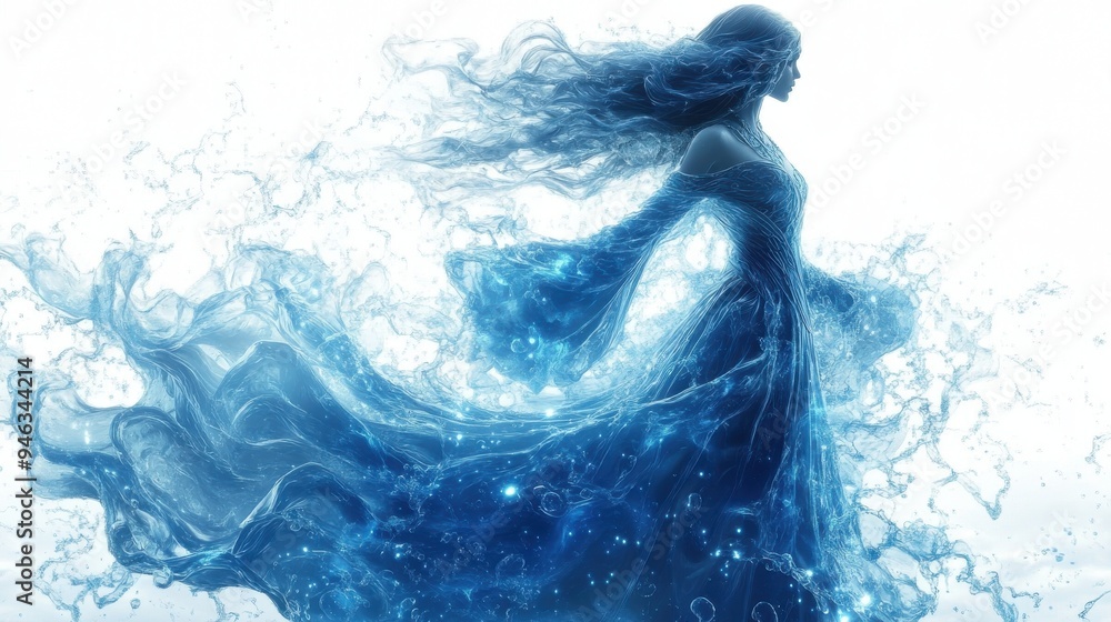 Fototapeta premium water priestess with intricate wave patterns on robes, ethereal water aura, bright spotlight,