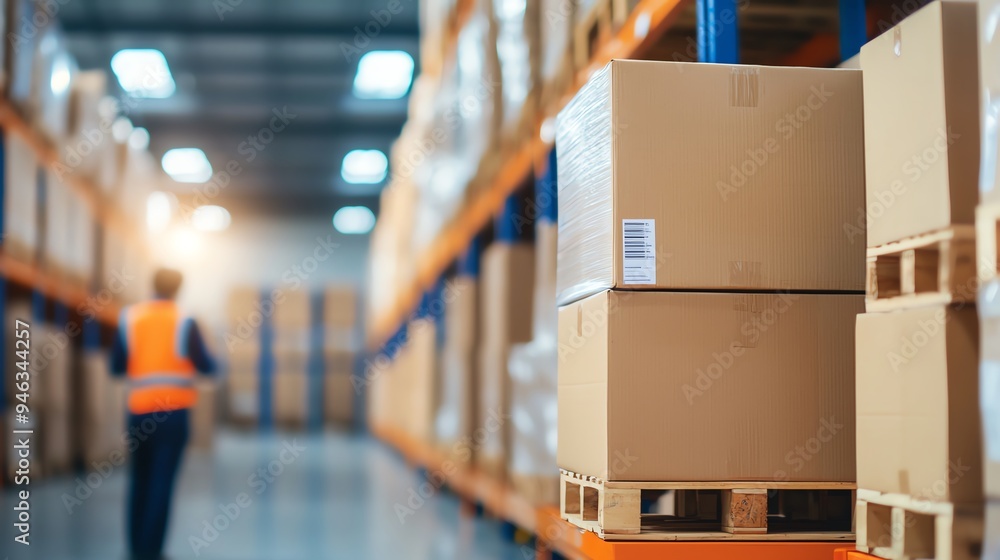 A closeup of a worker organizing inventory in a warehouse, with neatly stacked boxes and labels clearly visible Refrigerated Goods Management concept. A closeup of a worker organizing inventory in a warehouse, with neatly stacked boxes and labels clearly visible Refrigerated Goods Management concept.