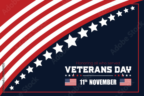 Veterans Day. Honoring all who served, 11th November. Vector banner design template with American flag background.