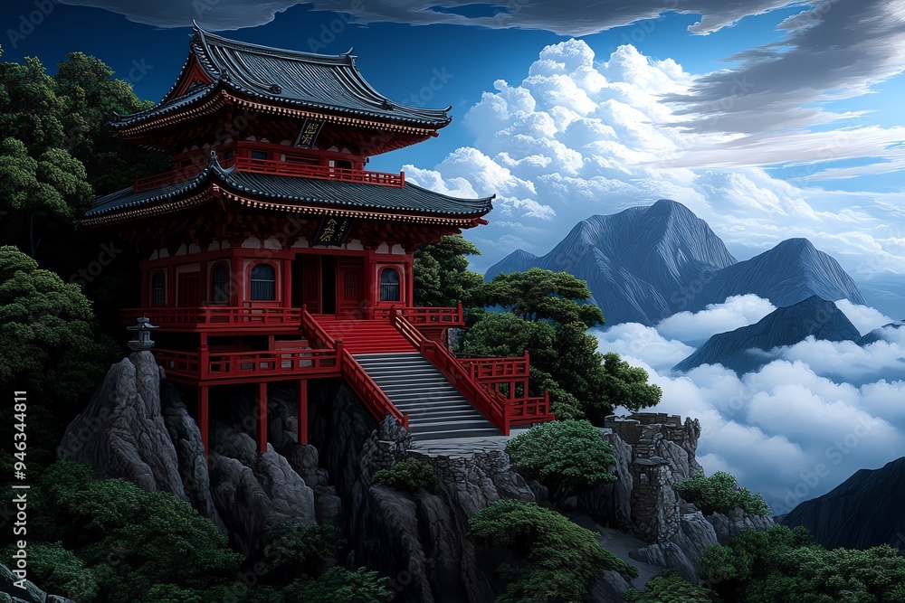 Japanese vermillion temple nestled in the mountains, depicted in an artwork that combines the bold color with the rugged beauty of the landscape Japanese vermillion temple nestled in the mountains, depicted in an artwork that combines the bold color with the rugged beauty of the landscape