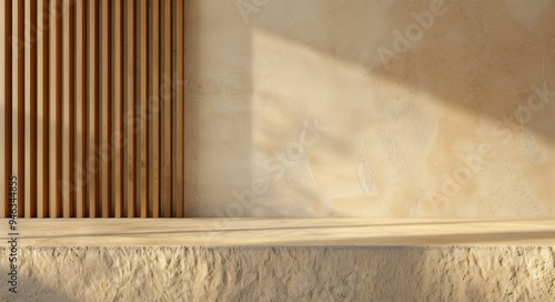 Concrete tabletop on wooden wall panels background for product presentation. Empty countertop with vertical slats. Aesthetic podium mockup in modern studio interior.