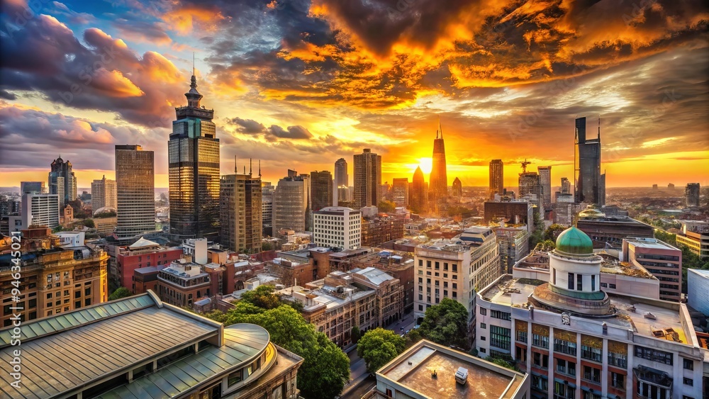 Obraz premium Panoramic view of a bustling metropolis at sunset, with sleek skyscrapers and historic buildings backing a vast, intricately patterned rooftop landscape.