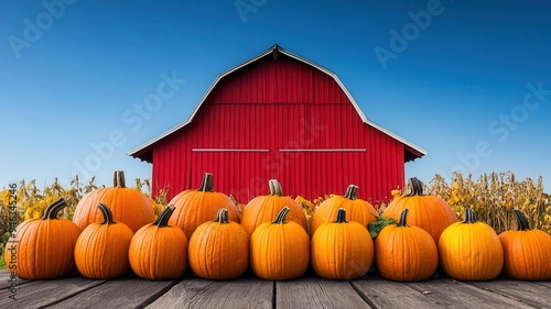 Harvested pumpkins arranged in front of a red barn, symbolizing the bounty of autumn