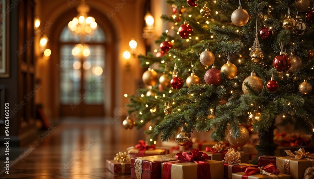 A beautifully decorated Christmas tree is surrounded by many wrapped gifts, capturing the essence of holiday celebrations with bright lights and festive ornaments. A beautifully decorated Christmas tree is surrounded by many wrapped gifts, capturing the essence of holiday celebrations with bright lights and festive ornaments.